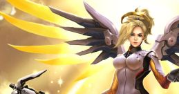 Mercy from Overwatch, radiating healing energy with her iconic wings and staff, set against a golden background.