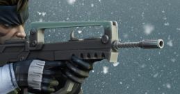 Solid Snake aiming a weapon in a snowy environment, showcasing iconic MGS1 stealth and tactical gear.