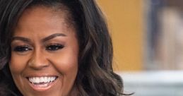 Michelle Obama smiles warmly, wearing a stylish top and a "Becoming" necklace, exuding charisma and confidence.