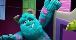 Sully from Monsters, Inc. playfully hanging amidst colorful doors, showcasing his friendly monster demeanor and vibrant colors.