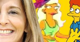 Pamela Hayden smiles, featuring characters from The Simpsons, including Milhouse Van Houten and others in vibrant colors.