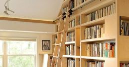 Stylish mechanized library with wooden ladder and spacious bookshelves, featuring warm natural light and elegant decor.