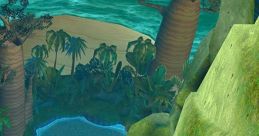 Mort from Madagascar looking over a lush jungle landscape, featuring vibrant palm trees and a serene blue lagoon.