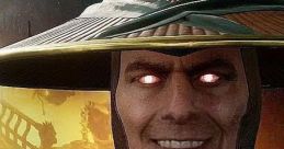 Mortal Kombat Armageddon Announcer character with a striking smile and iconic hat, set against a dramatic background.