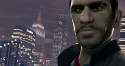 Niko Bellic, a key character from Grand Theft Auto IV, stands against a city skyline at night, showcasing urban grit.