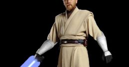 Obi-Wan Kenobi from Clone Wars wielding a blue lightsaber, ready for battle in his Jedi attire.