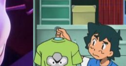 Mewtwo and character comparing Pokemon-themed shirts, showcasing playful fashion inspired by the series.