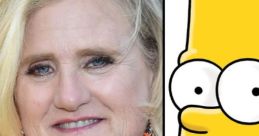 Nancy Cartwright, voice of Ralph Wiggum, smiles in a vibrant orange outfit alongside iconic Bart Simpson character.