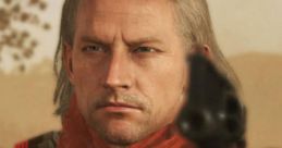 Revolver Ocelot portrayed by Troy Baker, gripping a revolver, wearing a red scarf and bandolier in a desert setting.