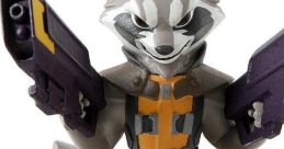 Rocket Raccoon from Disney Infinity, gripping dual guns, ready for action on a dynamic game base, showcasing vibrant details.