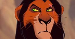 Scar from The Lion King, featuring his iconic sly expression and distinctive dark mane against a desert backdrop.