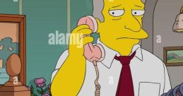 Seymour Skinner on the phone, looking concerned in a vibrant animated setting, showcasing his character's iconic expression.