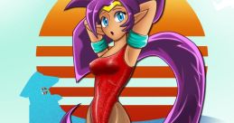 Shantae showcases her signature style with a vibrant background, exuding confidence and charm in a playful pose.