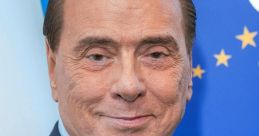 Portrait of Silvio Berlusconi in a suit, smiling confidently against an Italian and European flag backdrop.