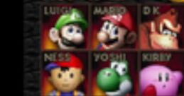 Smash 64 character selection screen featuring Mario, Luigi, Yoshi, and others in a classic free-for-all match.