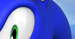 Close-up of Sonic the Hedgehog showcasing his iconic blue fur, vibrant green eyes, and playful expression against a blue sky.