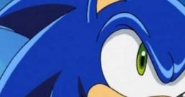 Sonic the Hedgehog with a determined expression, showcasing iconic blue quills and green eyes, voiced by Jason Griffith.