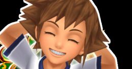 Young Sora smiling with hands behind his head, featuring vibrant colors and design elements from a popular game.