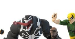 Spider-Man and Marvel characters from Disney Infinity, including Venom, Nick Fury, and Iron Fist, on dynamic action bases.