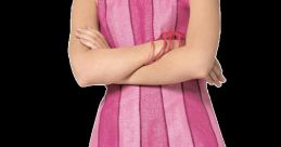 Stephanie from Lazytown wearing a vibrant pink dress, showcasing her playful, energetic personality and love for fitness.