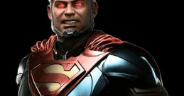 Evil Superman from DC Comics' Injustice 2, showcasing his iconic suit and glowing red eyes in a dark atmosphere.