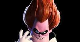 Syndrome from The Incredibles with vibrant red hair, wearing a black and white superhero costume, striking a dramatic pose.