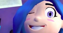 Tari from SMG4 winking playfully, showcasing her blue hair and stylish outfit against a colorful background.