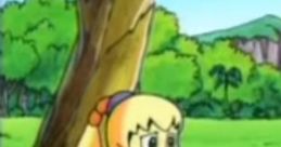 Tiff-Fumu from Kirby: Right Back At Ya, sitting under a tree, looking contemplative in a vibrant green landscape.