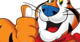 Tony the Tiger giving a thumbs up, promoting Frosted Flakes cereal with his cheerful, energetic demeanor.