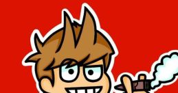 Tord character illustration with a red background, showcasing his signature hoodie and playful demeanor.