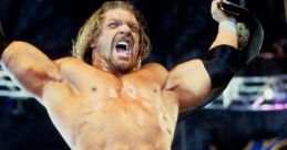 Triple H celebrating a victory in the ring, showcasing his iconic wrestling pose and championship belt.