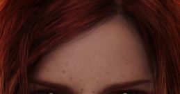 Triss Merigold from Witcher 3, showcasing her striking green eyes and vibrant red hair, highlighted by freckles.