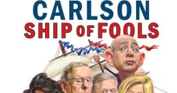 Tucker Carlson's "Ship of Fools" audiobook cover featuring caricatures of political figures and satirical commentary.