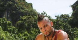 Vaas Montenegro, voiced by Michael Mando, menacingly confronts his victim on a tropical beach in Far Cry 3.