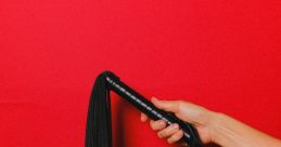 Black whip held against a vibrant red background, showcasing its sleek design and tassel detailing for dynamic flair.