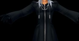 Xemnas, the main antagonist from Kingdom Hearts, stands with outstretched arms in a black coat, exuding power and menace.