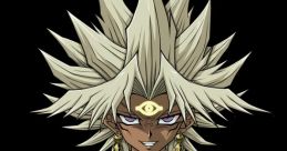 Yami Marik, a villain from Yu-Gi-Oh, wields golden staff, featuring spiky hair and an enigmatic expression.