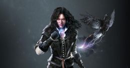 Yennefer from The Witcher 3, showcasing her magical prowess with a raven and lightning, embodying power and mystique.