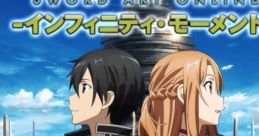 Kirito and Asuna stand back-to-back with a stunning fantasy backdrop in Sword Art Online: Infinity Moment video game.