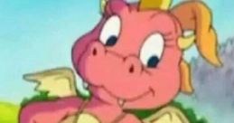 Cassie from Dragon Tales, a pink dragon with a playful smile, featuring her signature yellow ponytail and necklace.