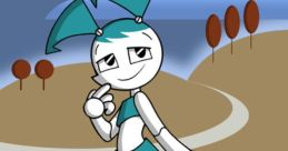 Jenny Wakeman, the robotic protagonist, poses confidently in a stylish outfit against a scenic background.