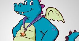 Cheerful Ord from Dragon Tales, featuring a vibrant blue dragon with a friendly smile and a sun medallion.