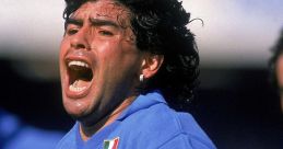 Diego Armando Maradona passionately celebrates a goal, wearing the iconic blue jersey of Napoli and his captain's armband.