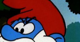 Papa Smurf, voiced by Don Messick, stands in a vibrant forest, spreading wisdom to fellow Smurfs.