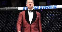 Bruce Buffer announcing at a UFC event, dressed in a stylish tuxedo, engaging the crowd with excitement.