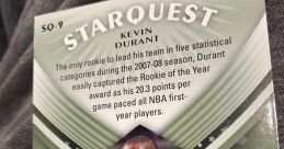 Kevin Durant Seattle Sonics basketball card highlighting his 2007-08 Rookie of the Year achievement and standout stats.