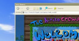 Welcome screen of KinitoPET game featuring colorful characters and inviting players to explore the web world.