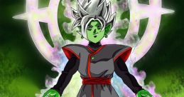 Fused Zamasu from Dragon Ball, showcasing his powerful form surrounded by ethereal energy and a mystical aura.