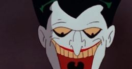 The Joker, voiced by Mark Hamill, grinning menacingly in classic animated style, showcasing his iconic villainous look.