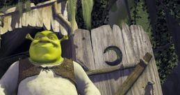 Shrek stands outside his swamp home, showcasing his iconic green skin and signature outfit in a vibrant, lush setting.